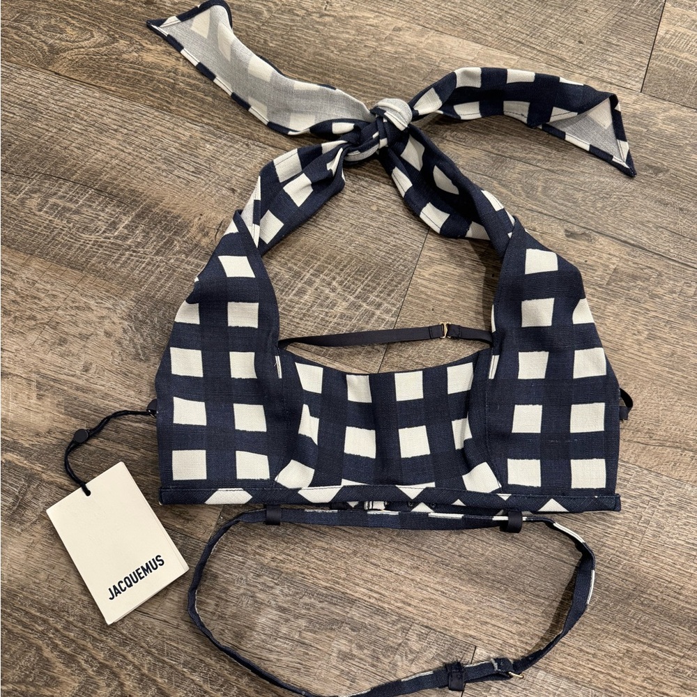 Jacquemus Navy and White Checkered Halter Top